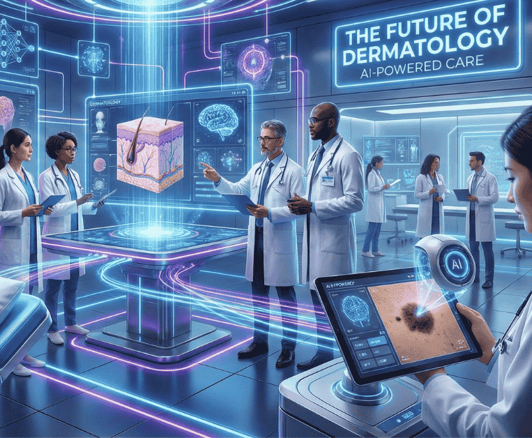 AI dermatologist analyzing skin defects