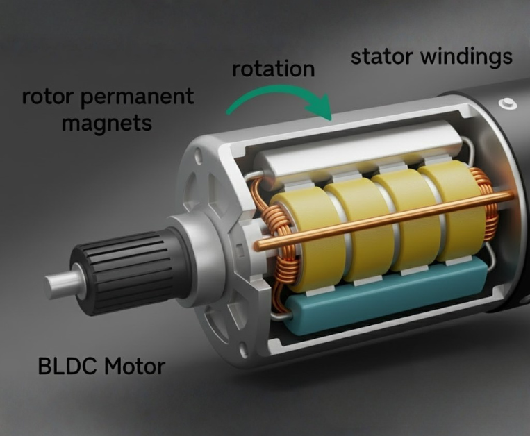 BLDC motor internal components showing stator windings and rotor magnets